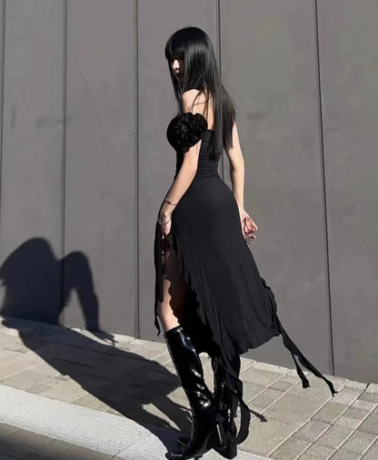 Chic Black Strapless Bodycon Ruffle Hem Dress – Slim Fit Tube Dress