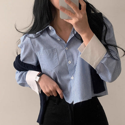 Korean Style Striped Crop Shirt for Women | Oversized Button-Up Long Sleeve Shirt with Asymmetric Hem