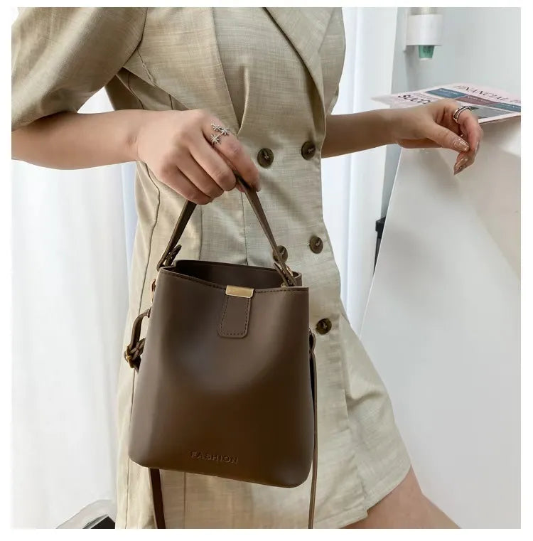 Trendy PU Leather Bucket Bag – Minimalist Shoulder, Crossbody & Handbag | Solid Color, Large Capacity