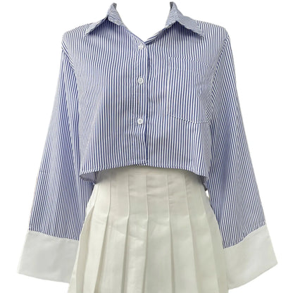 Korean Style Striped Crop Shirt for Women | Oversized Button-Up Long Sleeve Shirt with Asymmetric Hem