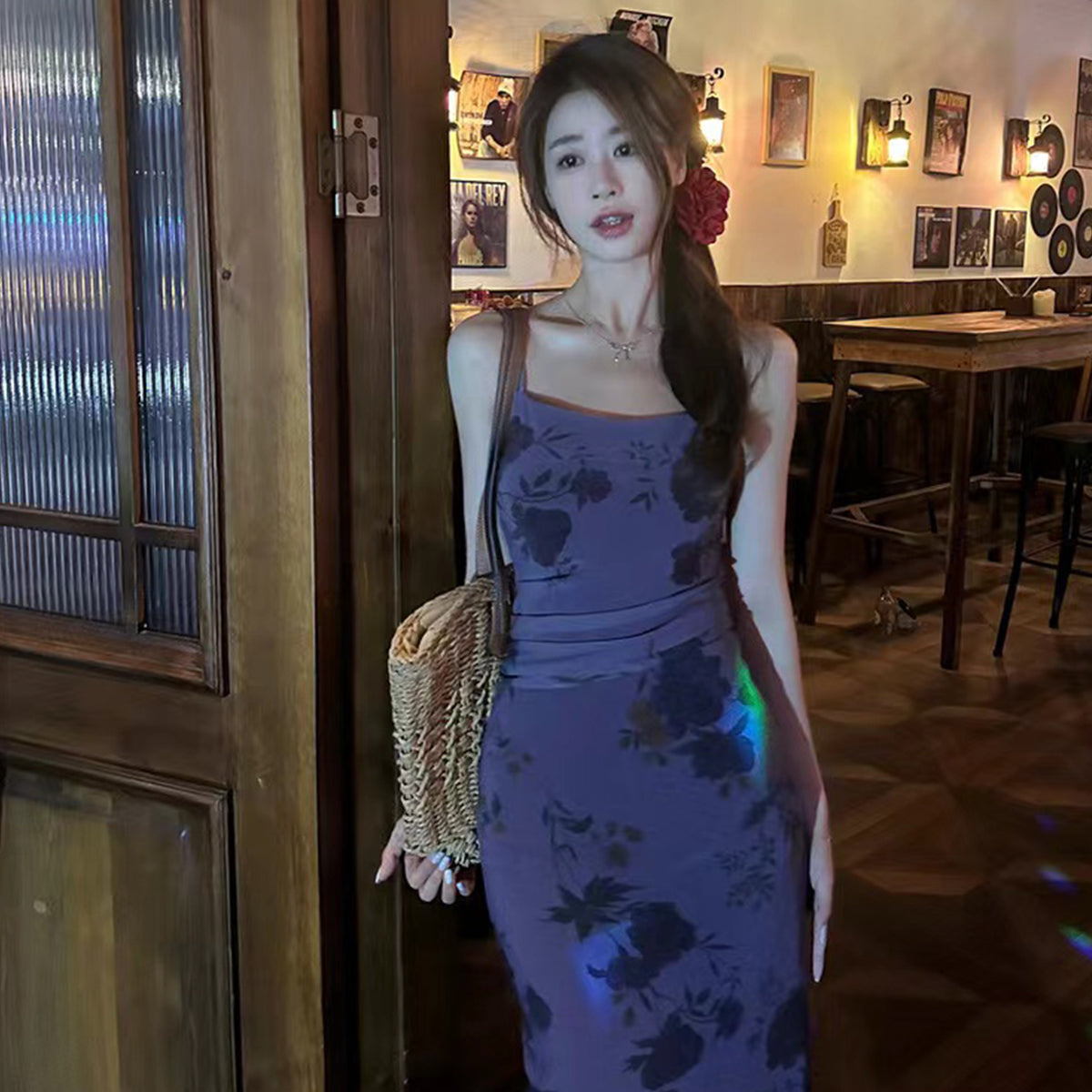 Elegant Purple Floral Maxi Dress for Vacation – Slim Fit Mesh Long Dress