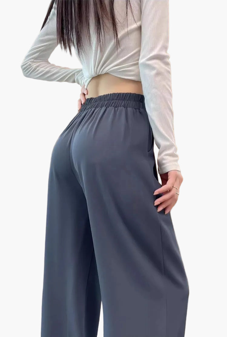 High Waist Wide-Leg Ice Silk Suit Pants – Breathable, Pleated Trousers