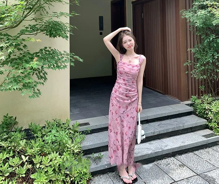 Pink Floral Strapless Midi Dress – Vintage-Inspired Pleated Summer Dress