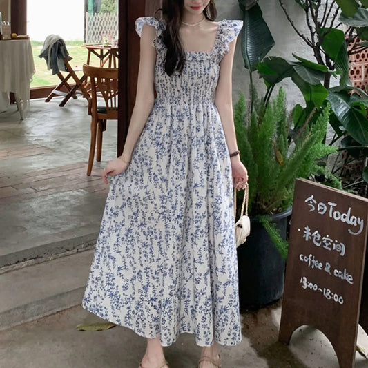 Blue Floral Ruffle Strap Cotton Maxi Dress – Casual Prairie Chic Style