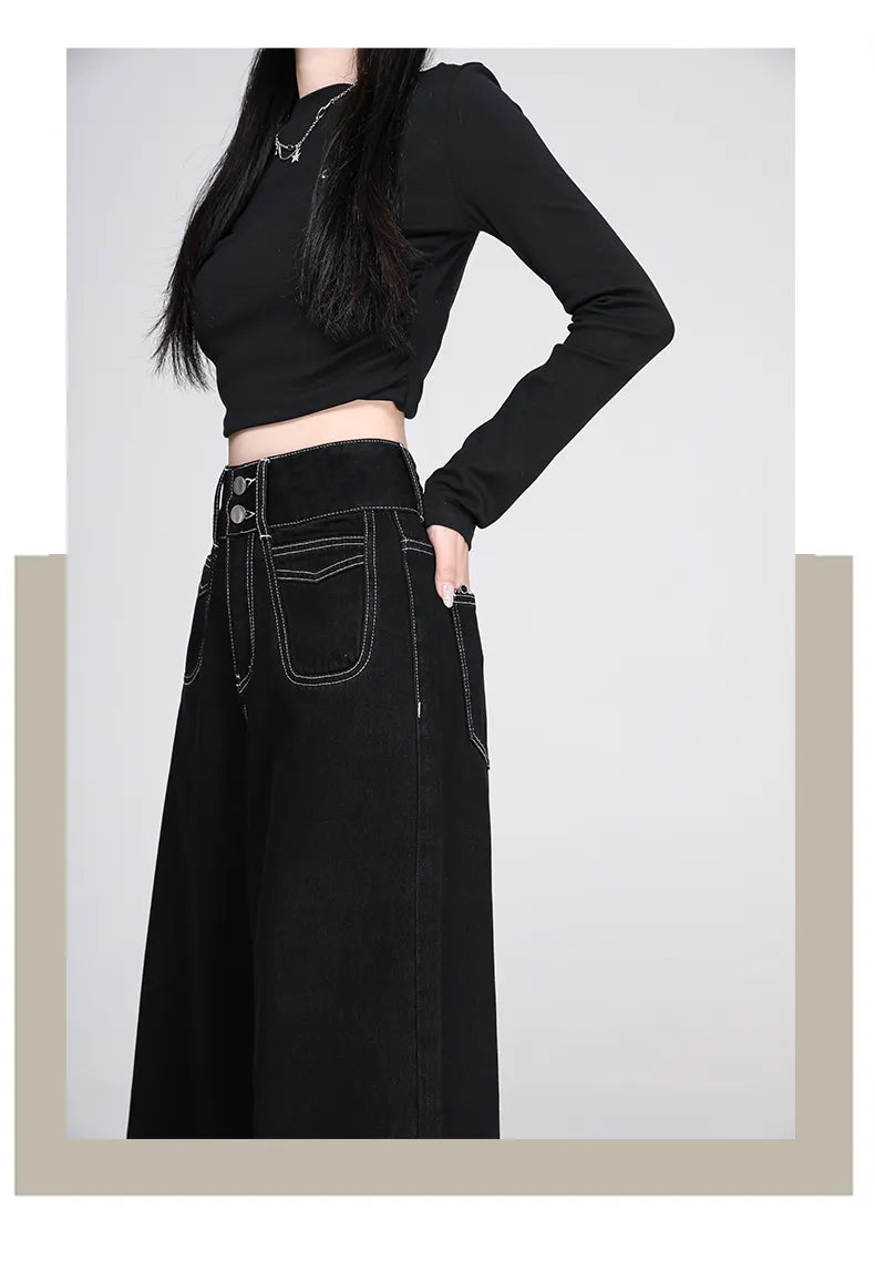 High Waist Black Wide-Leg Denim Jeans – Plus Size, Loose Fit, Y2K Street Style Pants