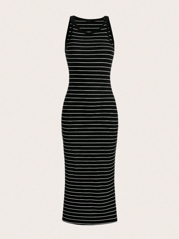 A sleeveless black knit maxi dress with thin white horizontal stripes, shown against a solid off-white background.