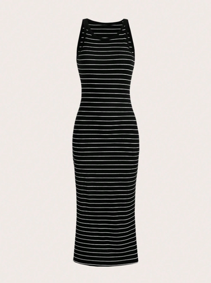 A sleeveless black knit maxi dress with thin white horizontal stripes, shown against a solid off-white background.