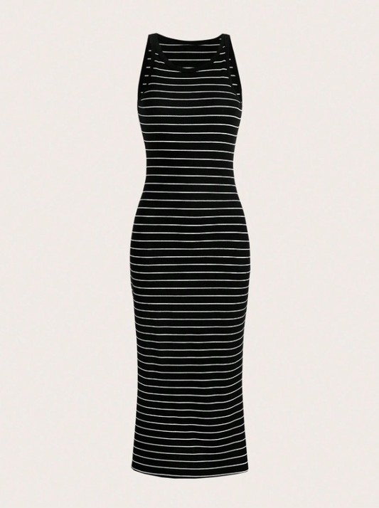 A sleeveless black knit maxi dress with thin white horizontal stripes, shown against a solid off-white background.
