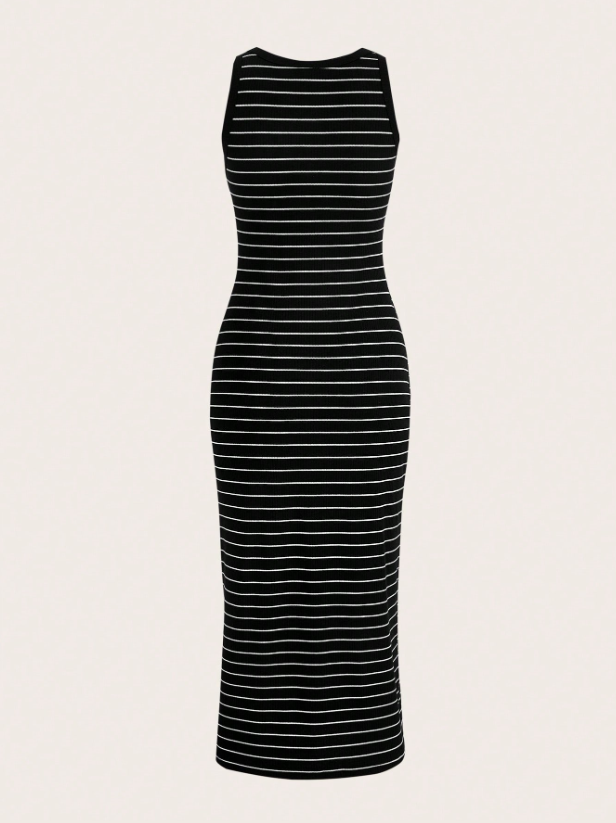 A sleeveless bodycon midi dress with horizontal black and white stripes, shown against a solid off-white background.