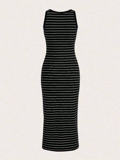 A sleeveless bodycon midi dress with horizontal black and white stripes, shown against a solid off-white background.