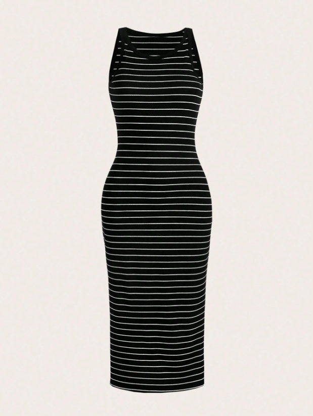 A sleeveless bodycon midi dress with thin horizontal black and white stripes, featuring a scoop neckline with cutout details at the shoulder straps, shown against a plain off-white background.