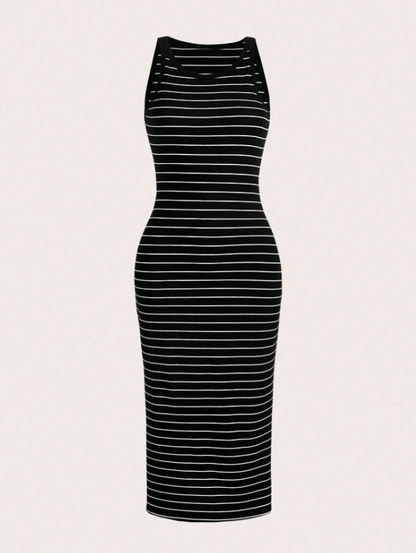 A sleeveless bodycon midi dress with thin horizontal black and white stripes, featuring a scoop neckline with cutout details at the shoulder straps, shown against a plain off-white background.