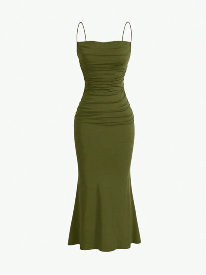 Elegant Pleated Mermaid Cami Maxi Dress – Ruched Backless Slip Dress for Evening & Parties
