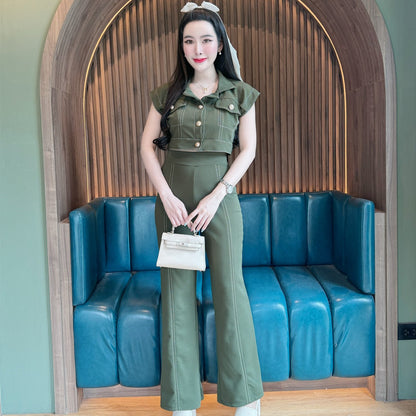 Stylish Wool Wave Co-ord Set with Collared Crop Top & High-Waisted Cuffed Pants | Trendy Two-Piece Set