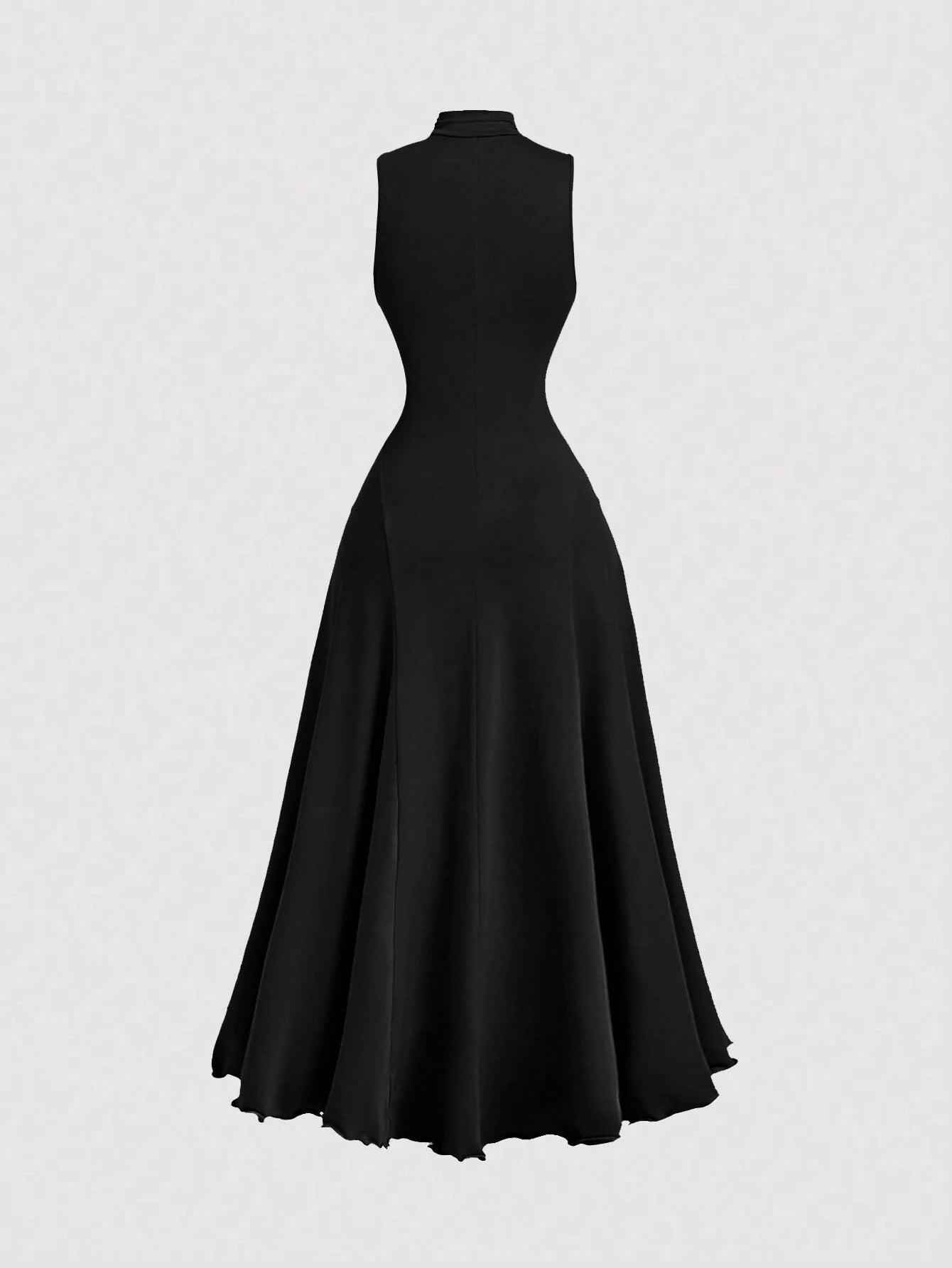 B_Fashzeo Black mock neck sleeveless long dress featuring a sleek bodycon fit and high neck for an elegant party wear aesthetic.