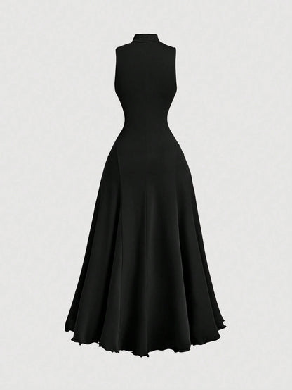 B_Fashzeo Black mock neck sleeveless long dress featuring a sleek bodycon fit and high neck for an elegant party wear aesthetic.