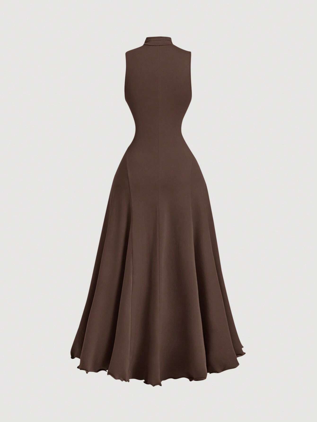 B_Fashzeo Brown mock neck sleeveless long dress featuring a sleek bodycon fit and high neck for an elegant party wear aesthetic.