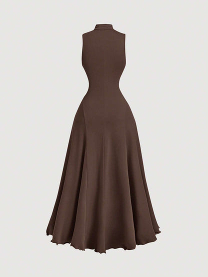B_Fashzeo Brown mock neck sleeveless long dress featuring a sleek bodycon fit and high neck for an elegant party wear aesthetic.