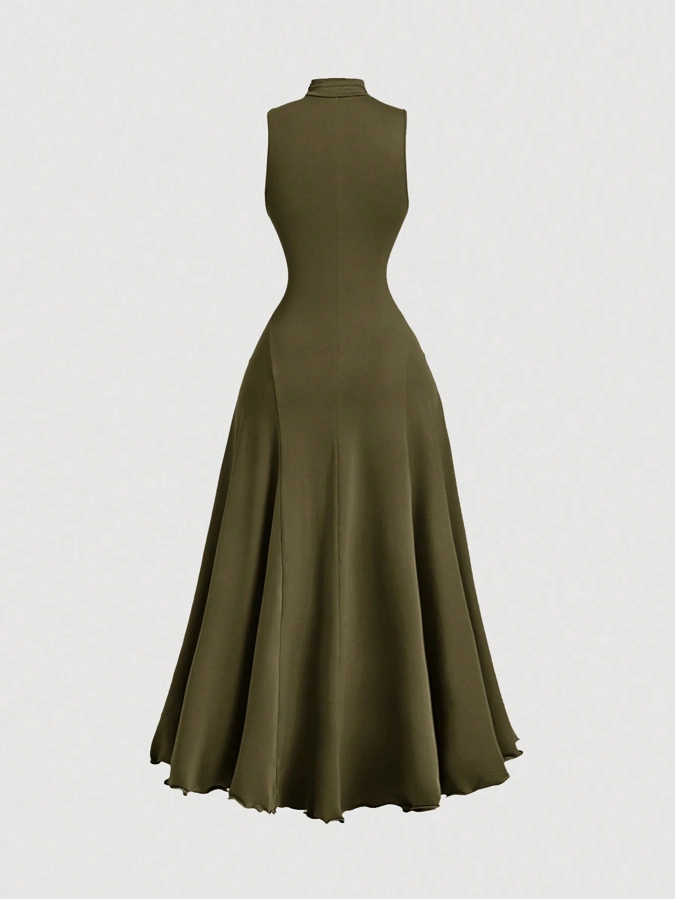 B_Fashzeo army green mock neck sleeveless long dress featuring a sleek bodycon fit and high neck for an elegant party wear aesthetic.