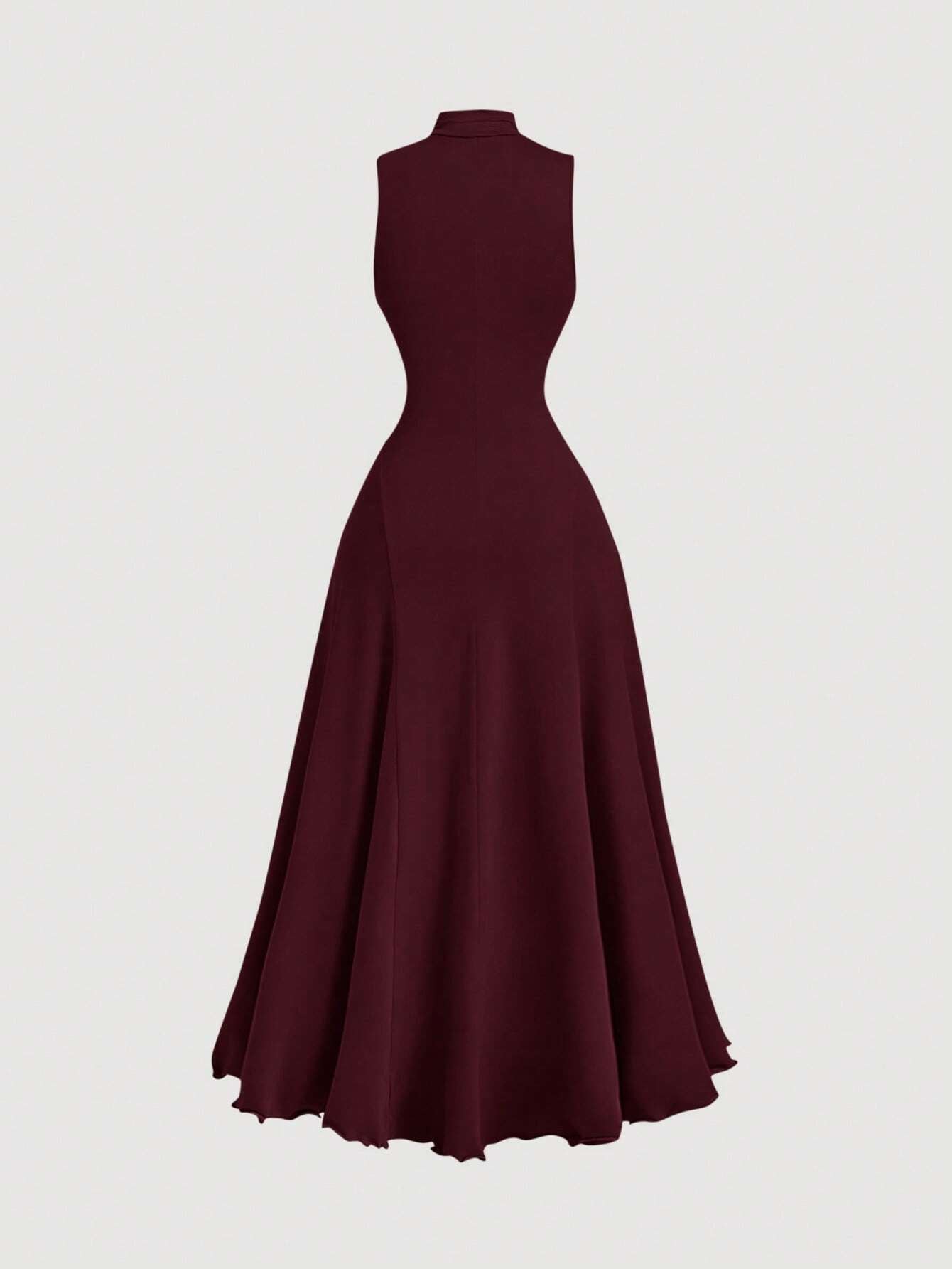 B_Fashzeo baby pink mock neck sleeveless long dress featuring a sleek bodycon fit and high neck for an elegant party wear aesthetic.