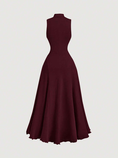 B_Fashzeo baby pink mock neck sleeveless long dress featuring a sleek bodycon fit and high neck for an elegant party wear aesthetic.
