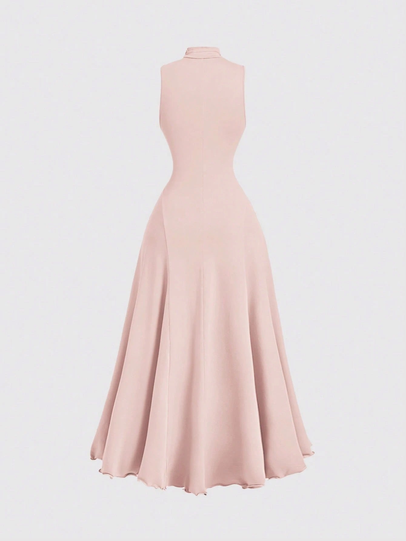 B_Fashzeo baby pink mock neck sleeveless long dress featuring a sleek bodycon fit and high neck for an elegant party wear aesthetic.
