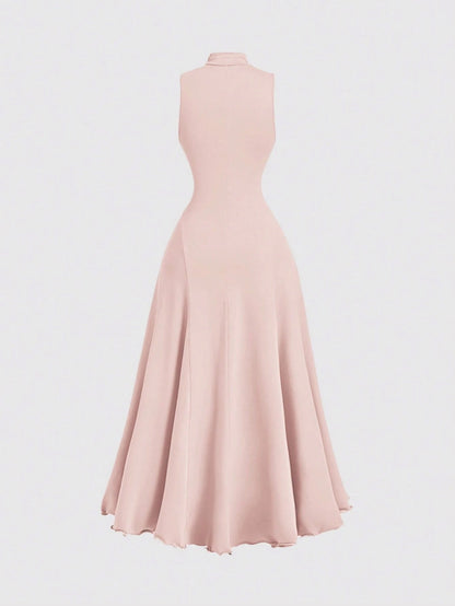 B_Fashzeo baby pink mock neck sleeveless long dress featuring a sleek bodycon fit and high neck for an elegant party wear aesthetic.