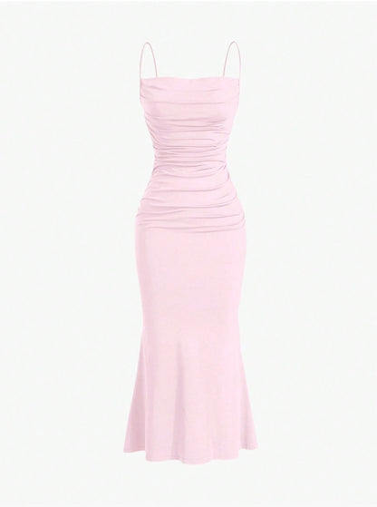 Elegant Pleated Mermaid Cami Maxi Dress – Ruched Backless Slip Dress for Evening & Parties