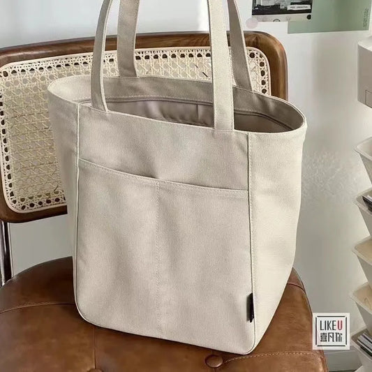 Large Capacity Canvas Tote Bag – Zipper Closure Shoulder Handbag in Neutral Everyday Colors