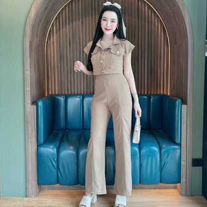 Stylish Wool Wave Co-ord Set with Collared Crop Top & High-Waisted Cuffed Pants | Trendy Two-Piece Set
