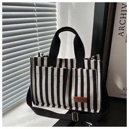 Women’s Striped Canvas Tote Bag – Large Capacity Shoulder & Crossbody Travel Handbag with Magnetic Closure