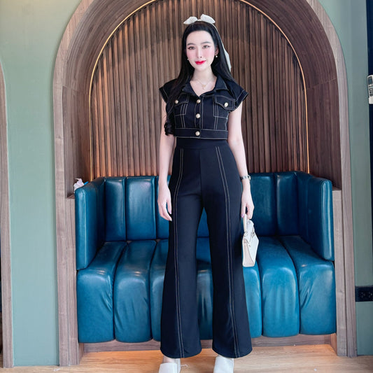 Stylish Wool Wave Co-ord Set with Collared Crop Top & High-Waisted Cuffed Pants | Trendy Two-Piece Set