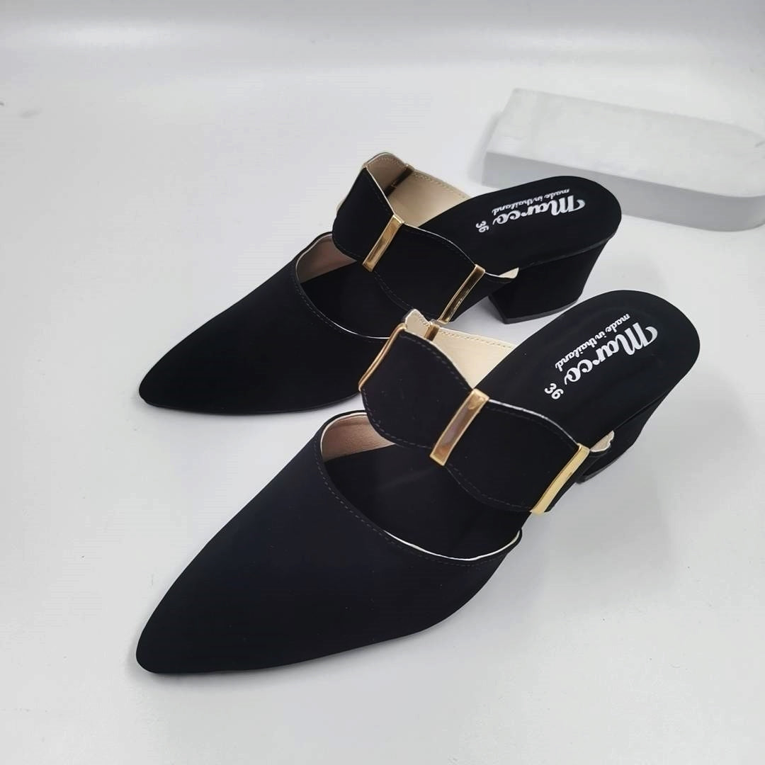 Elegant Pointed Toe Block Heels for Women – Stylish Leather Mules with Gold Strap
