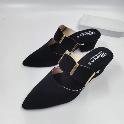 Elegant Pointed Toe Block Heels for Women – Stylish Leather Mules with Gold Strap
