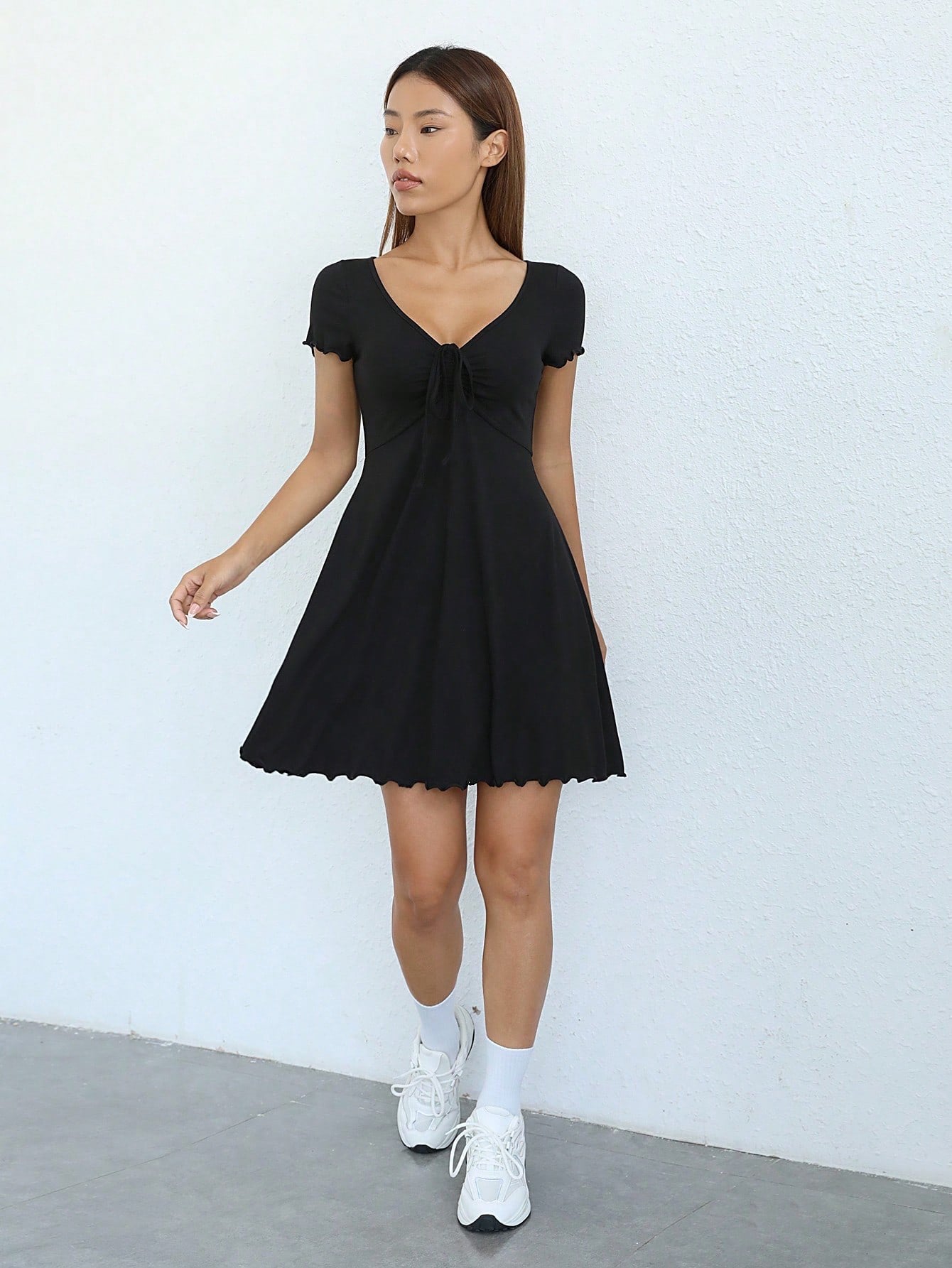 Black Knot Front Lettuce Trim Mini Dress | V-Neck Half Sleevelack3