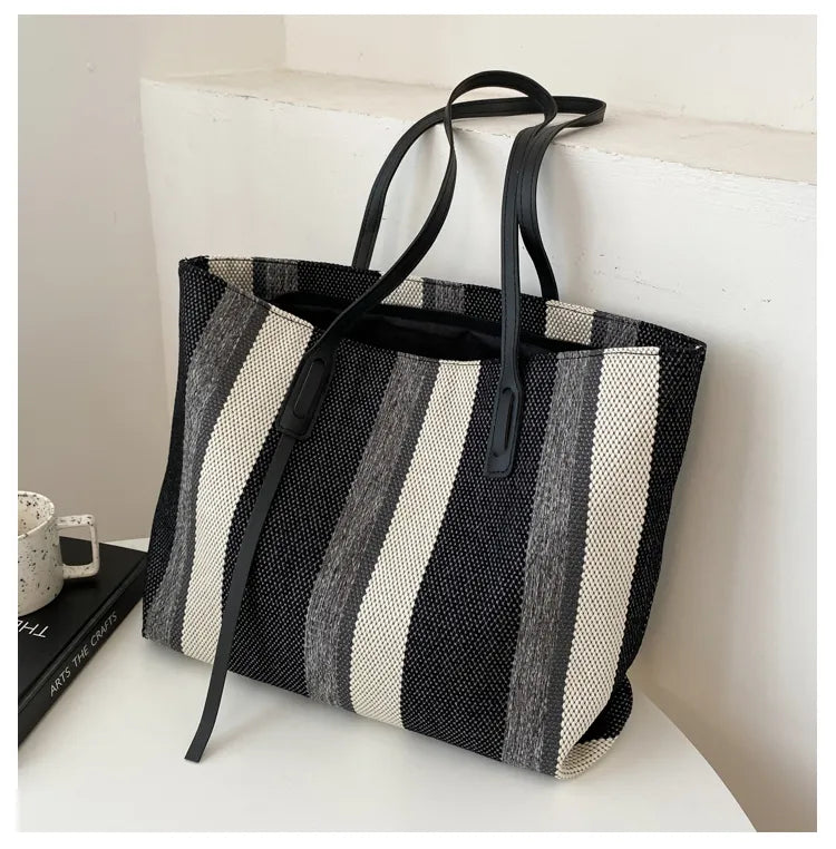 Style Canvas Tote Bag – Large Capacity Striped Shoulder Bag for Travel, Work & Daily Use