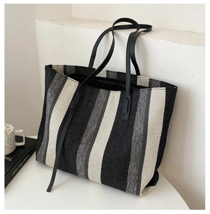 Style Canvas Tote Bag – Large Capacity Striped Shoulder Bag for Travel, Work & Daily Use