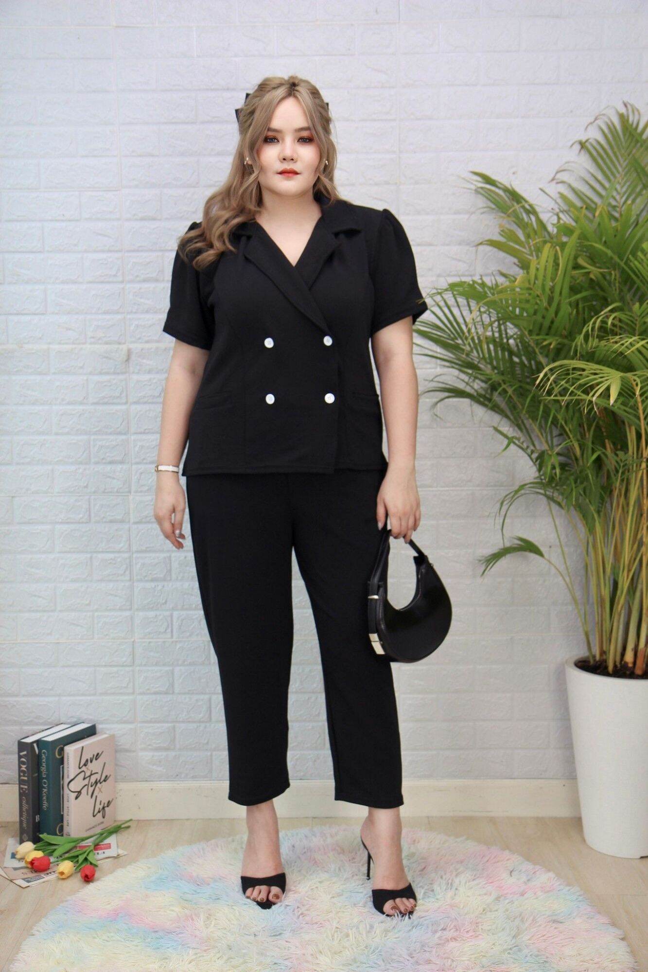 Plus Size Co-ord Set | 4-Button Blazer Top & Wool Pants | Elegant Two-Piece