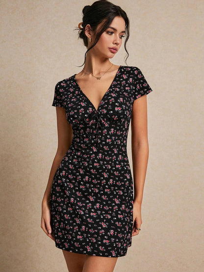 Sweet V-Neck Floral Print A-Line Mini Dress | Half Sleeve Slim-Fit Summer Y2K Floral Dress