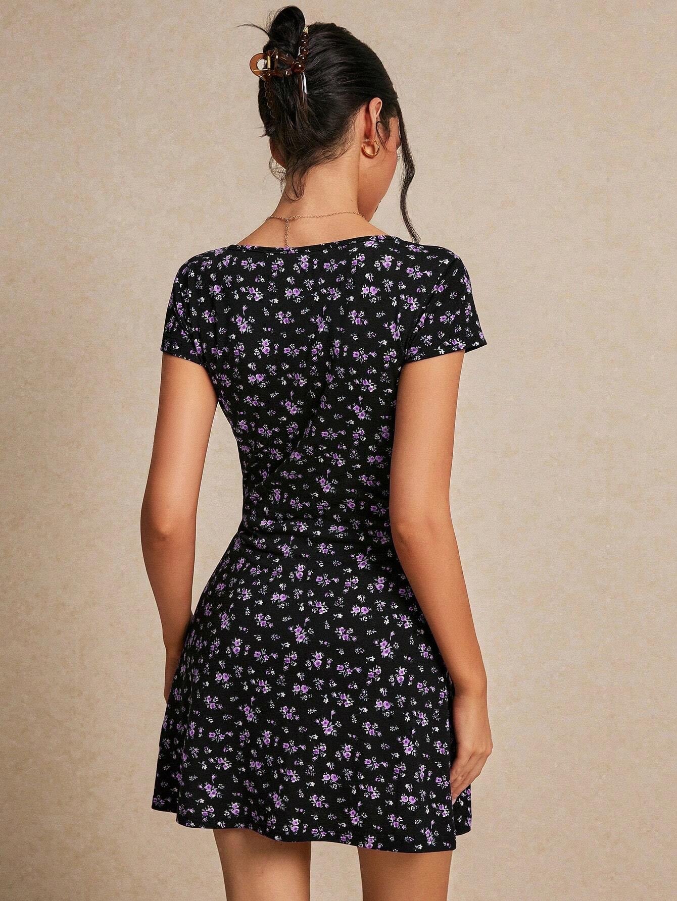 Sweet V-Neck Floral Print A-Line Mini Dress | Half Sleeve Slim-Fit Summer Y2K Floral Dress