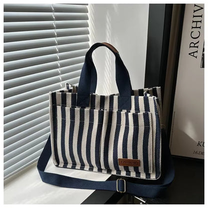 Women’s Striped Canvas Tote Bag – Large Capacity Shoulder & Crossbody Travel Handbag with Magnetic Closure