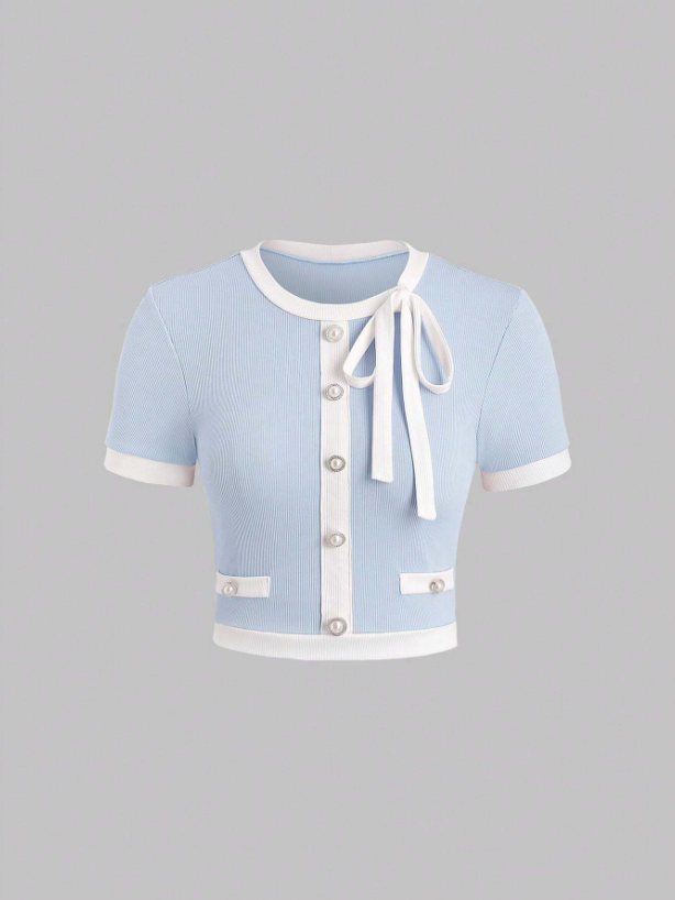 Women’s Contrast Color Slim Fit Graphic Tee – Button Detail Rib Knit Short Sleeve Casual T-Shirt in Pastel Shades