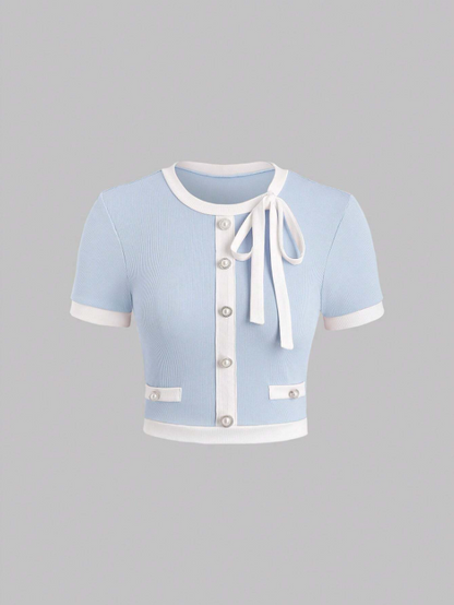 Women’s Contrast Color Slim Fit Graphic Tee – Button Detail Rib Knit Short Sleeve Casual T-Shirt in Pastel Shades