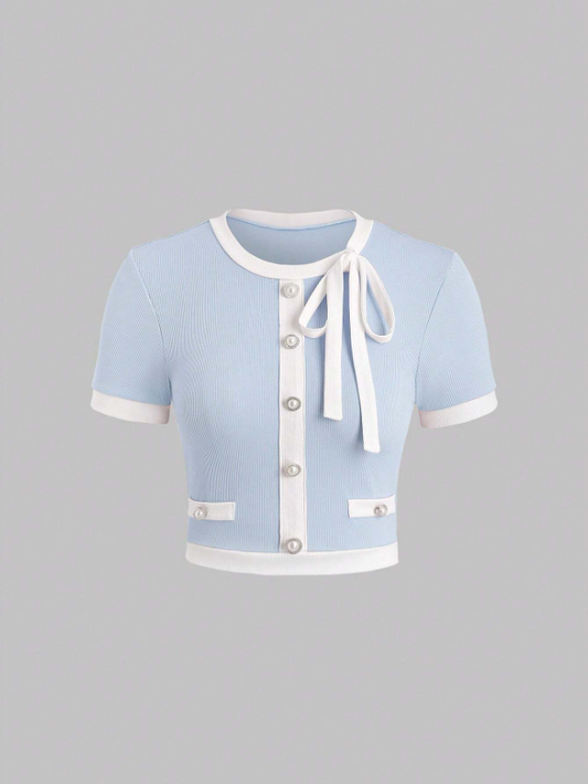 Women’s Contrast Color Slim Fit Graphic Tee – Button Detail Rib Knit Short Sleeve Casual T-Shirt in Pastel Shades