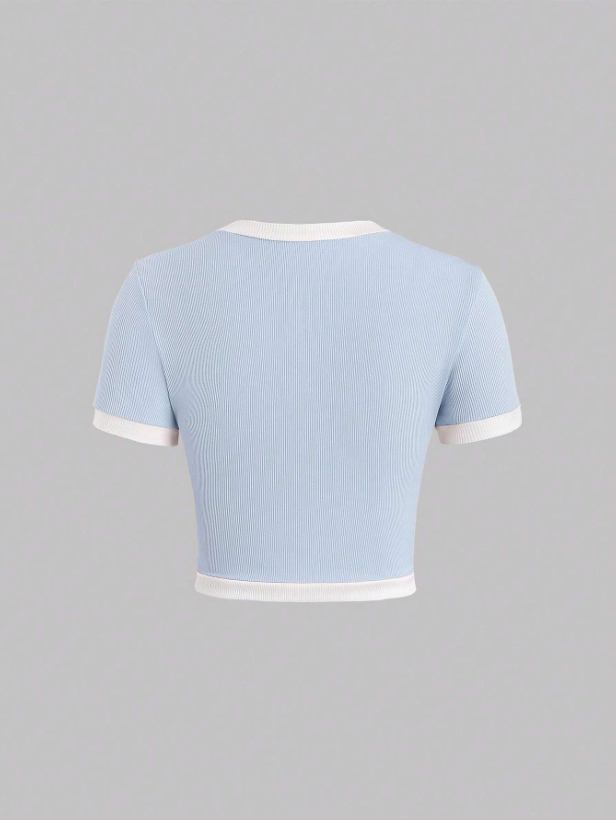 Women’s Contrast Color Slim Fit Graphic Tee – Button Detail Rib Knit Short Sleeve Casual T-Shirt in Pastel Shades