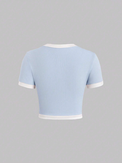 Women’s Contrast Color Slim Fit Graphic Tee – Button Detail Rib Knit Short Sleeve Casual T-Shirt in Pastel Shades