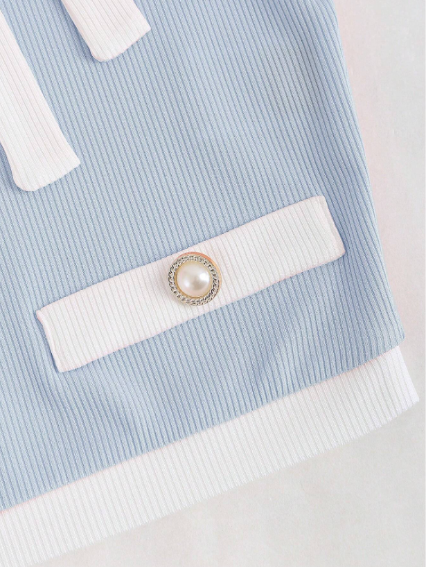 Women’s Contrast Color Slim Fit Graphic Tee – Button Detail Rib Knit Short Sleeve Casual T-Shirt in Pastel Shades