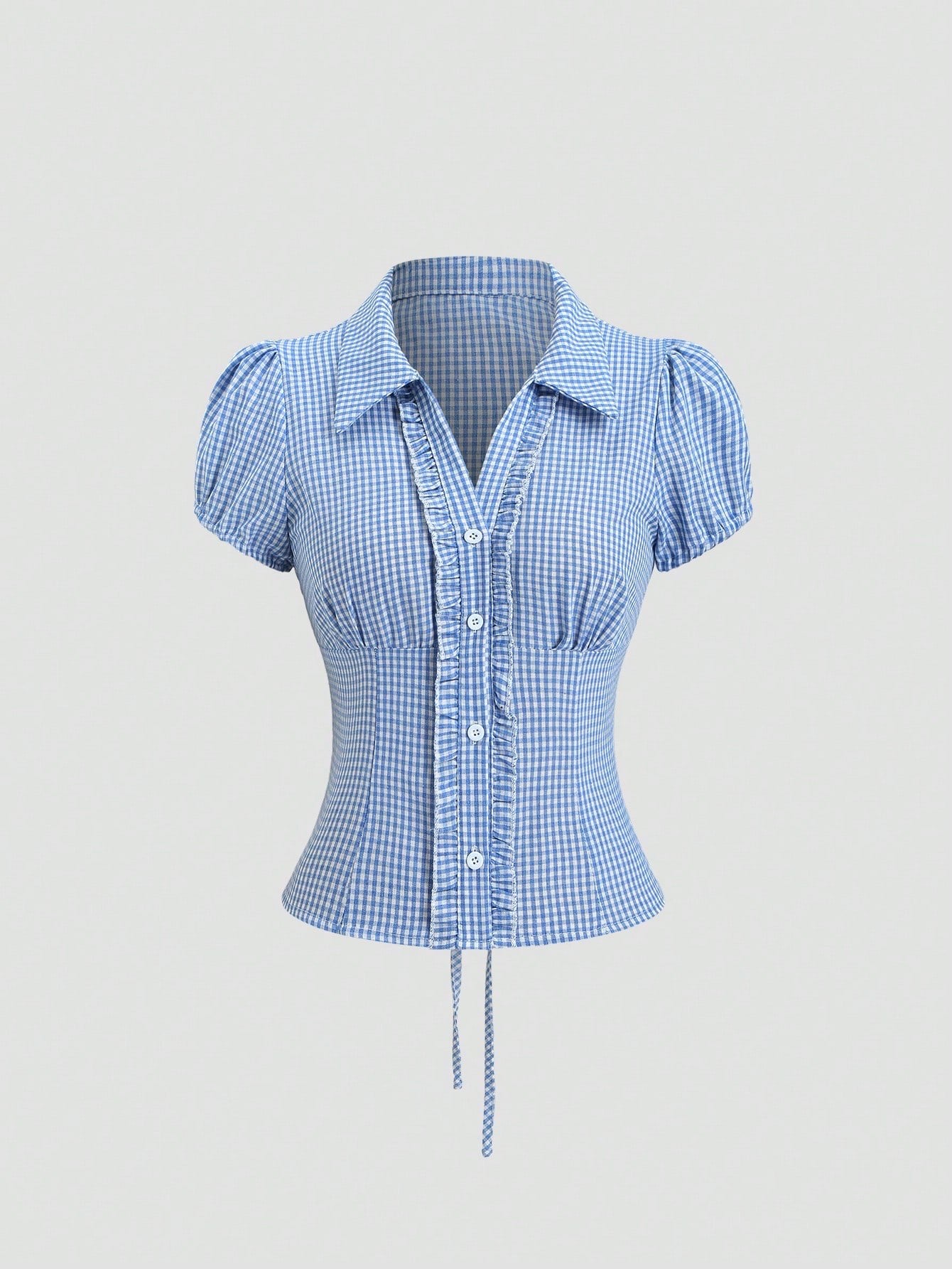 Blue and white gingham plaid short-sleeve polo collar peplum blouse with front ruffles and a laced-up back detail laid flat
