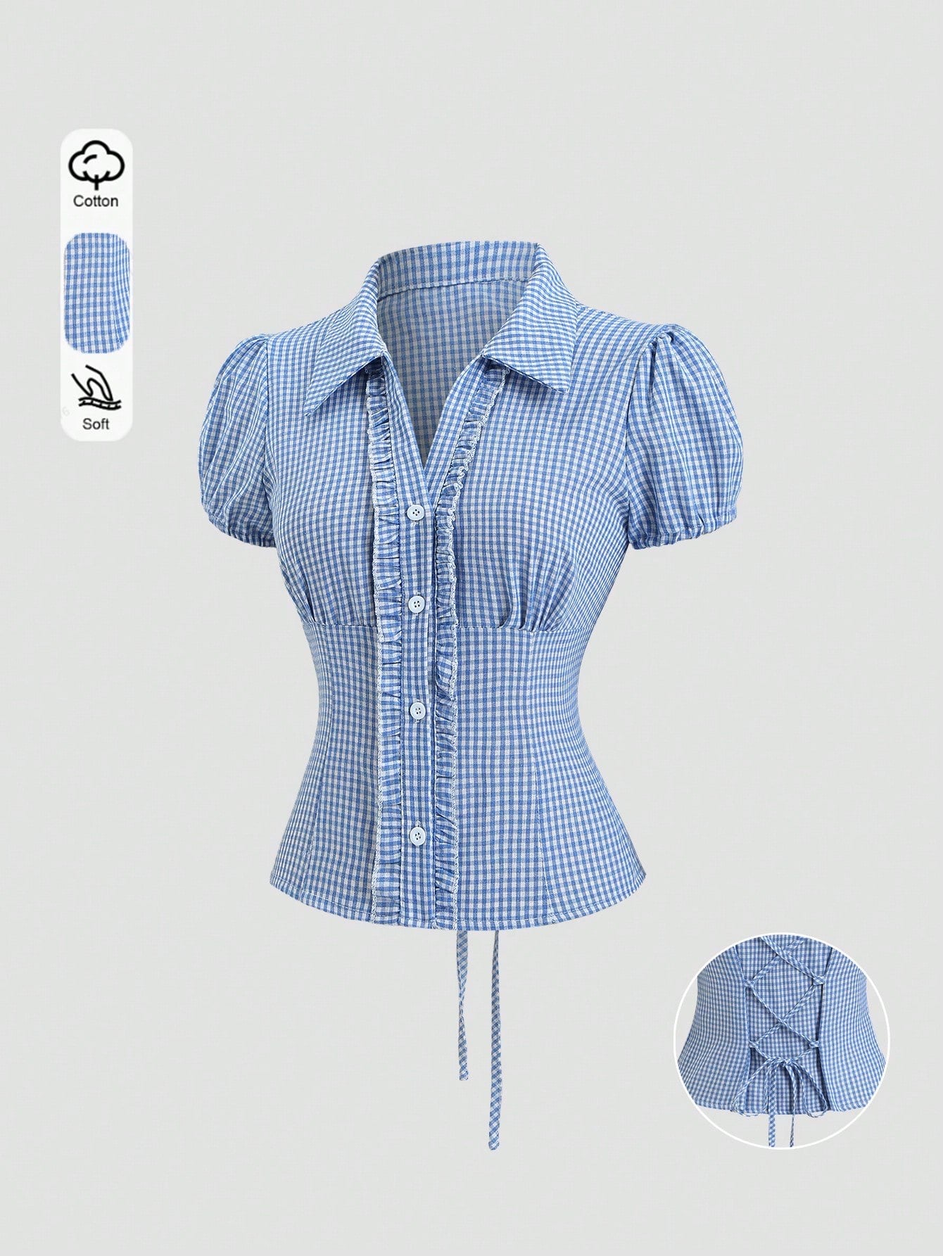Blue and white gingham plaid short-sleeve polo collar peplum blouse with front ruffles and a laced-up back detail laid flat