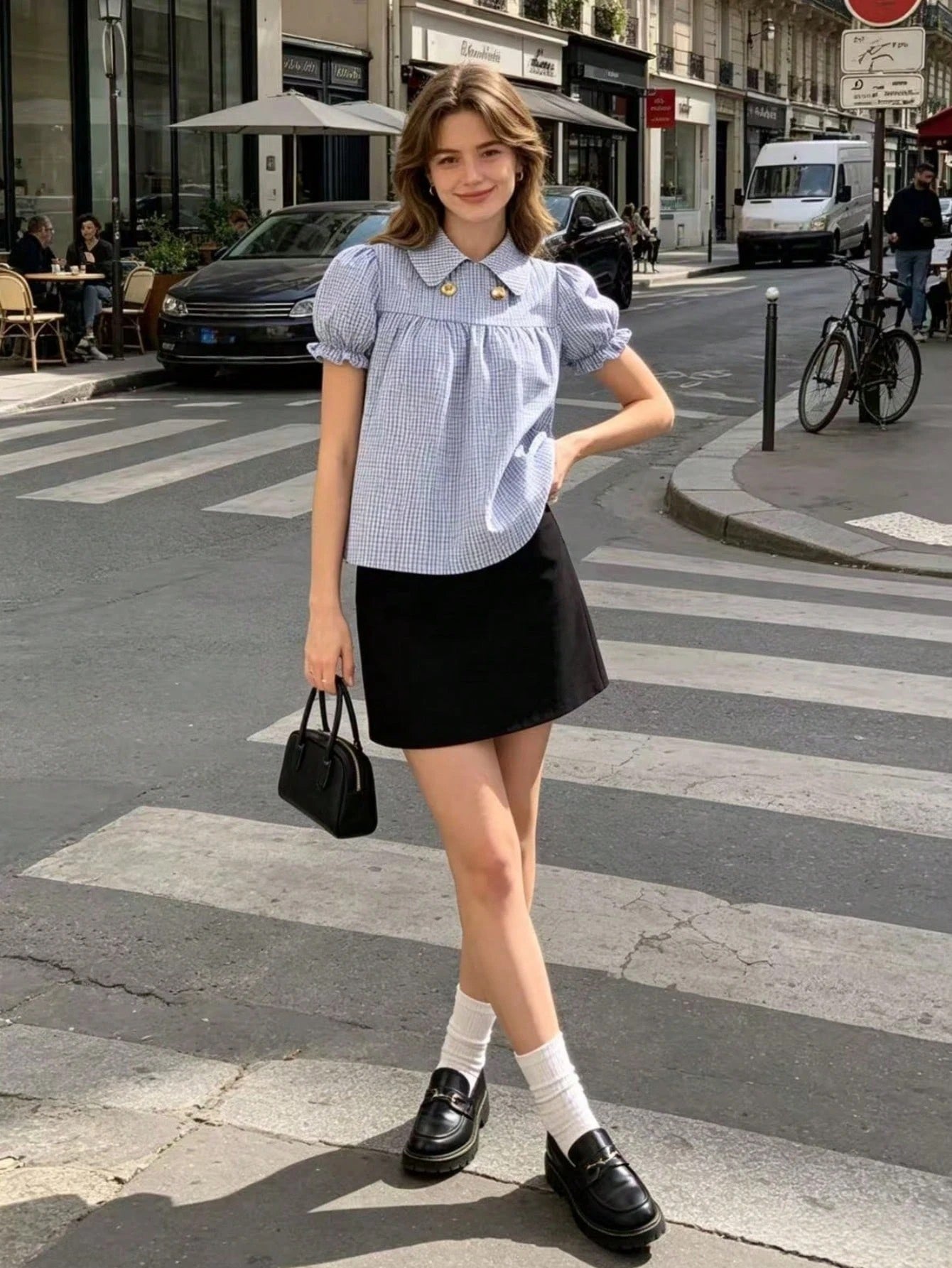 Blue and white gingham plaid short puff sleeve collared shirt with double front buttons laid flat
